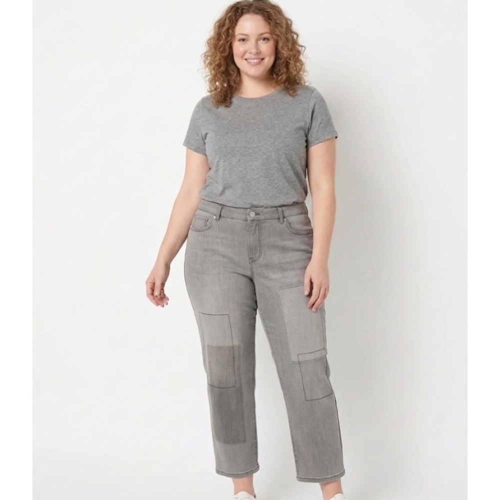 LOGO by Lori Goldstein Gray Patchwork Detail Crop Boyfriend Jeans size 16P‎